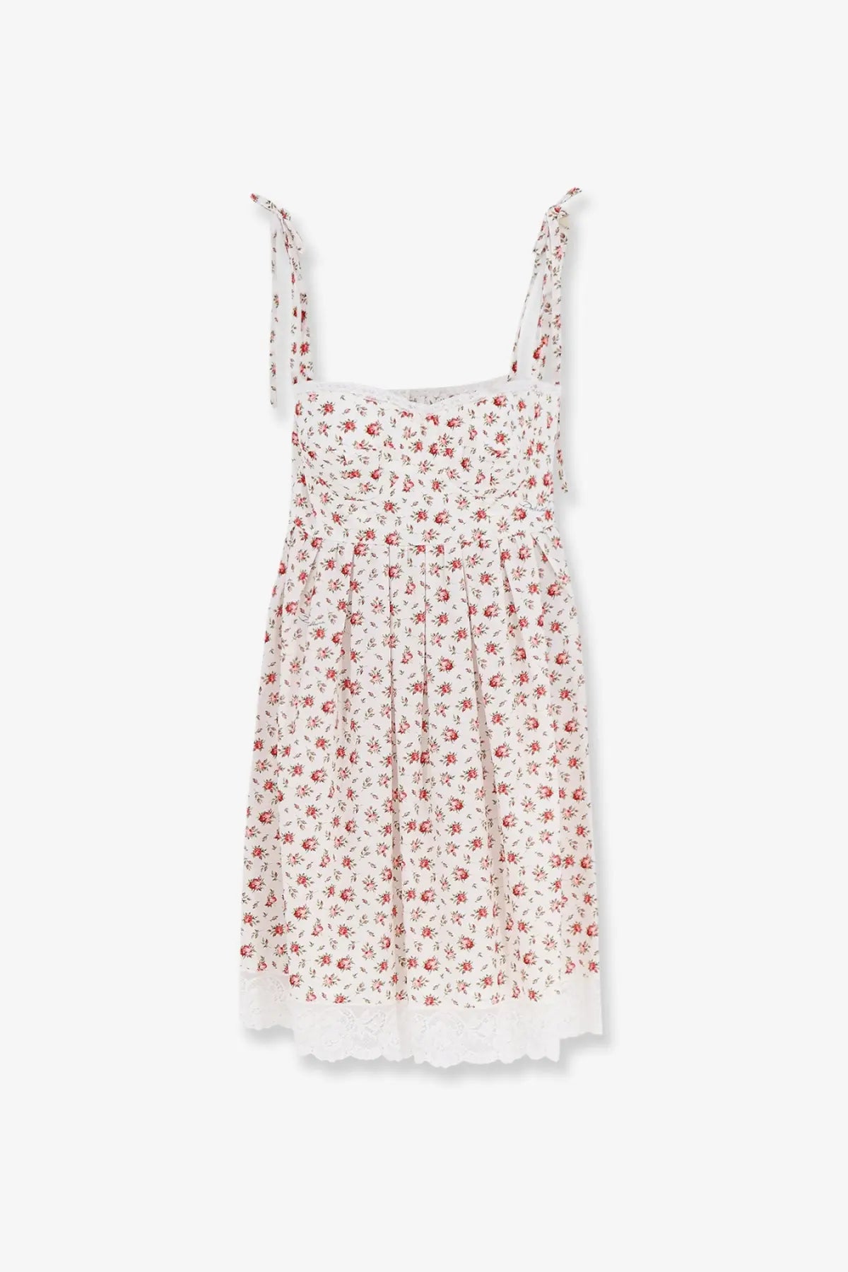 Dolce &amp; Gabbana women’s white poplin sundress with subtle red floral pattern and lace trim at the hem