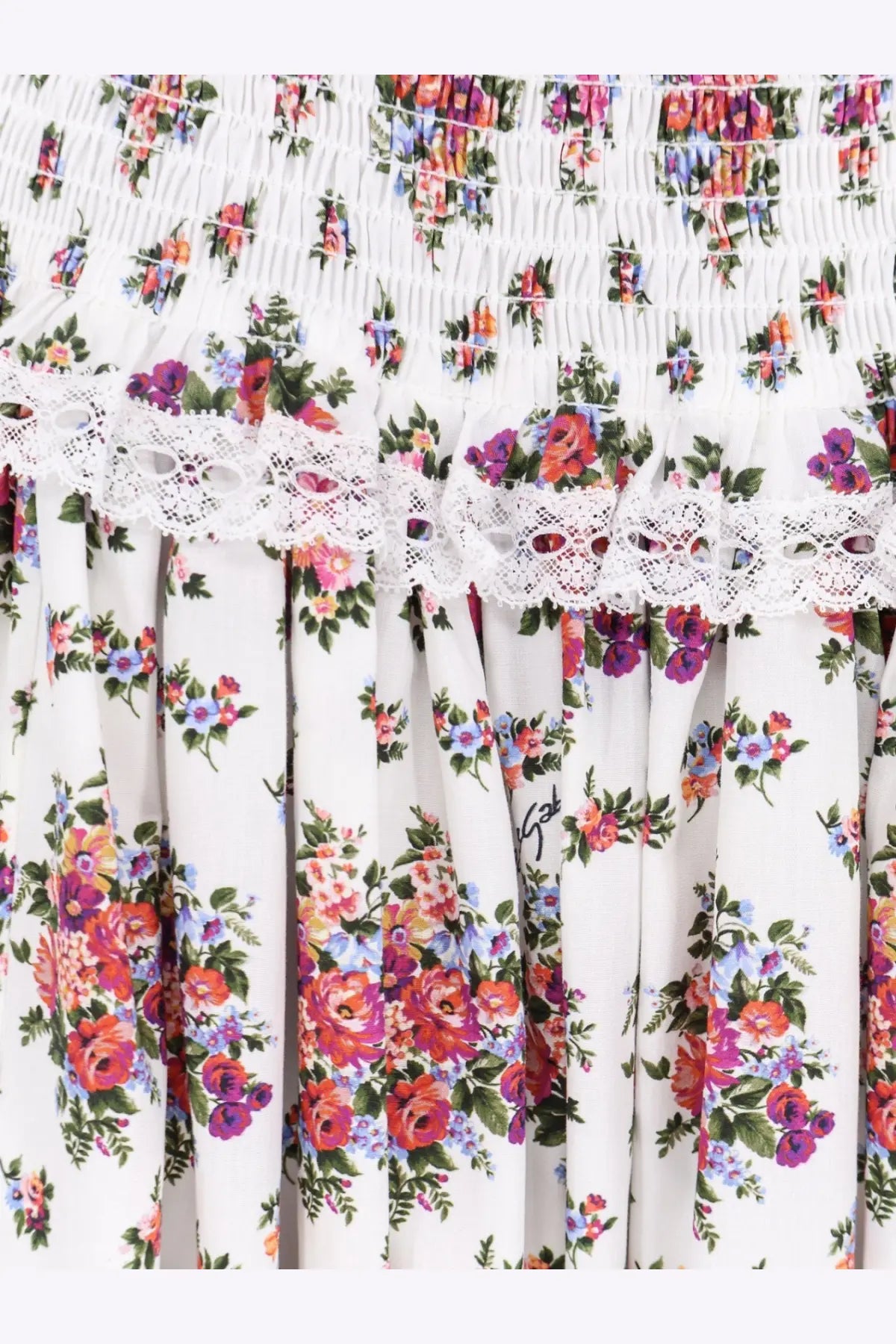 Dolce &amp; Gabbana women’s white poplin dress with colorful floral print smocked bodice and lace waist trim