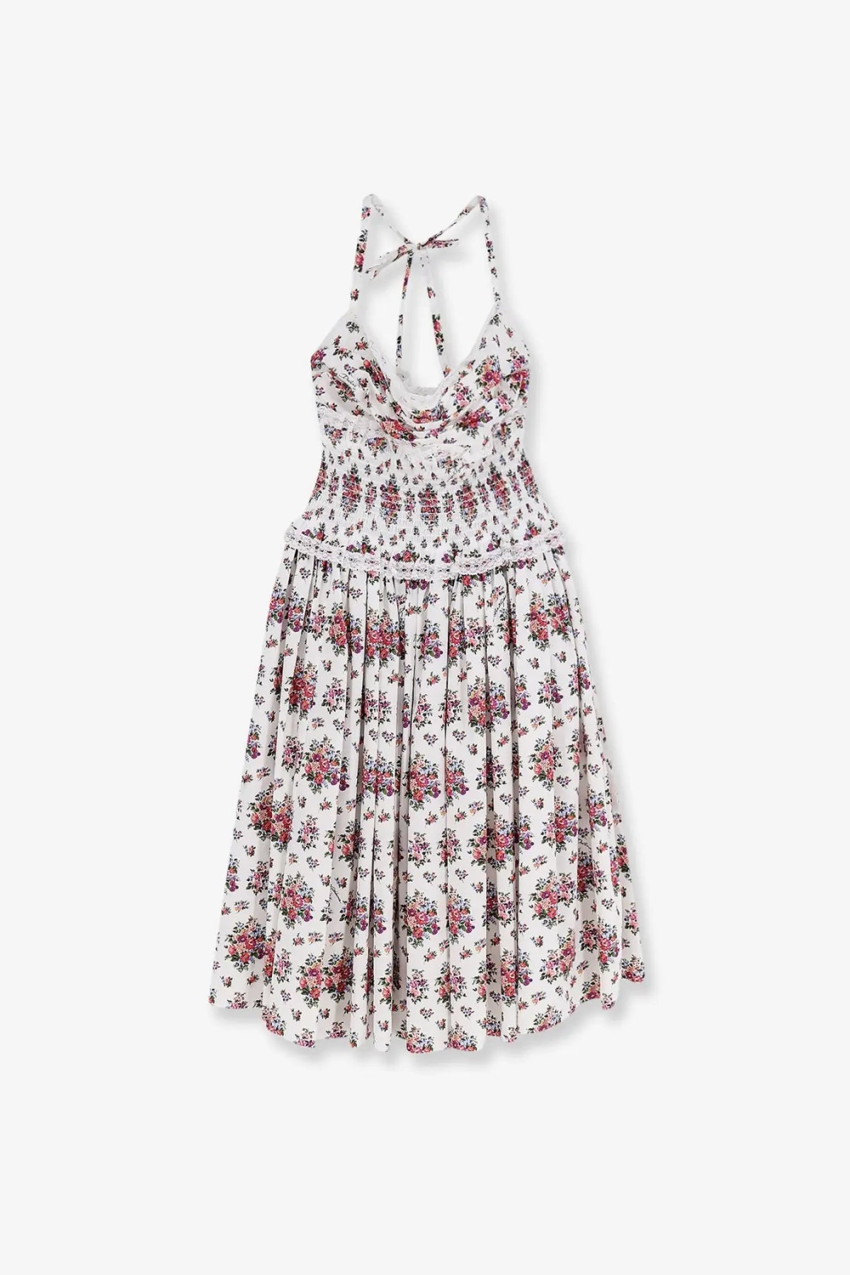 Dolce &amp; Gabbana women’s white poplin halter dress with pink and green floral print gathered waistband and tie-back straps