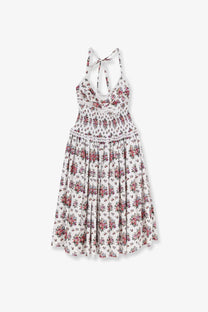 Dolce &amp; Gabbana women’s white poplin halter dress with pink and green floral print gathered waistband and tie-back straps