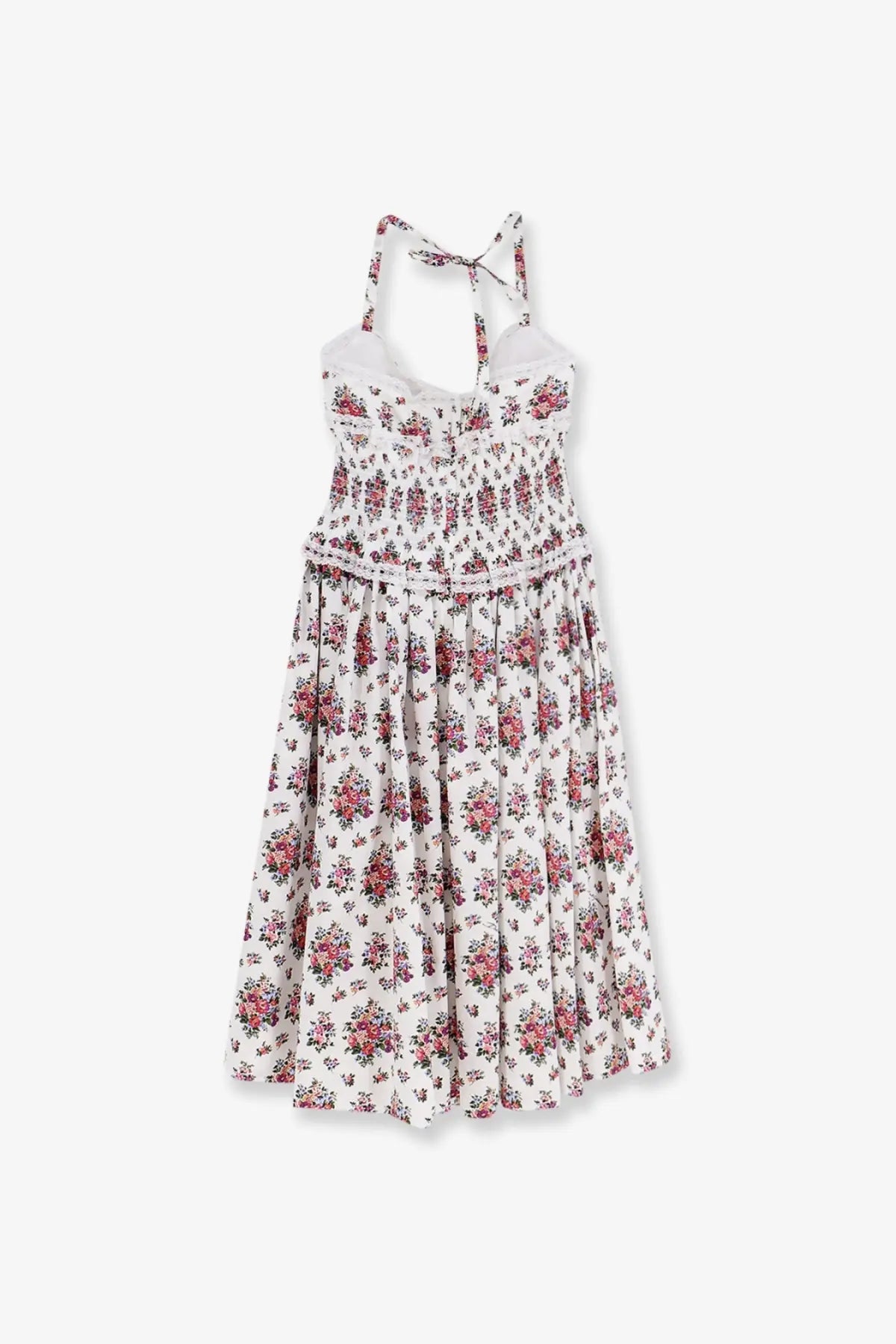 Dolce &amp; Gabbana women’s white poplin halter dress with pink and red floral print smocked bodice and lace trim
