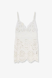 Dolce &amp; Gabbana women’s white poplin mini dress with a white lace camisole featuring floral cutout patterns and thin straps