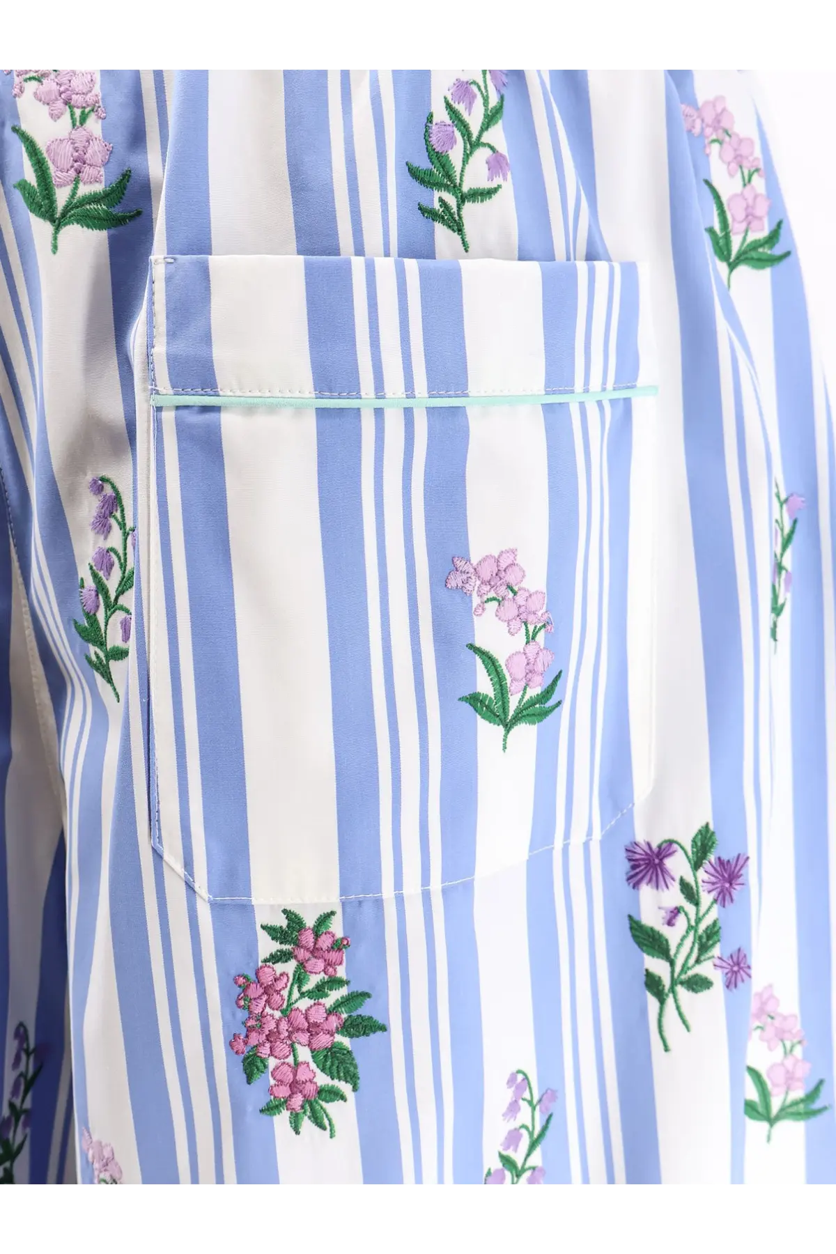 Dolce &amp; Gabbana women’s light blue and white striped poplin trousers with pink and purple floral embroidery