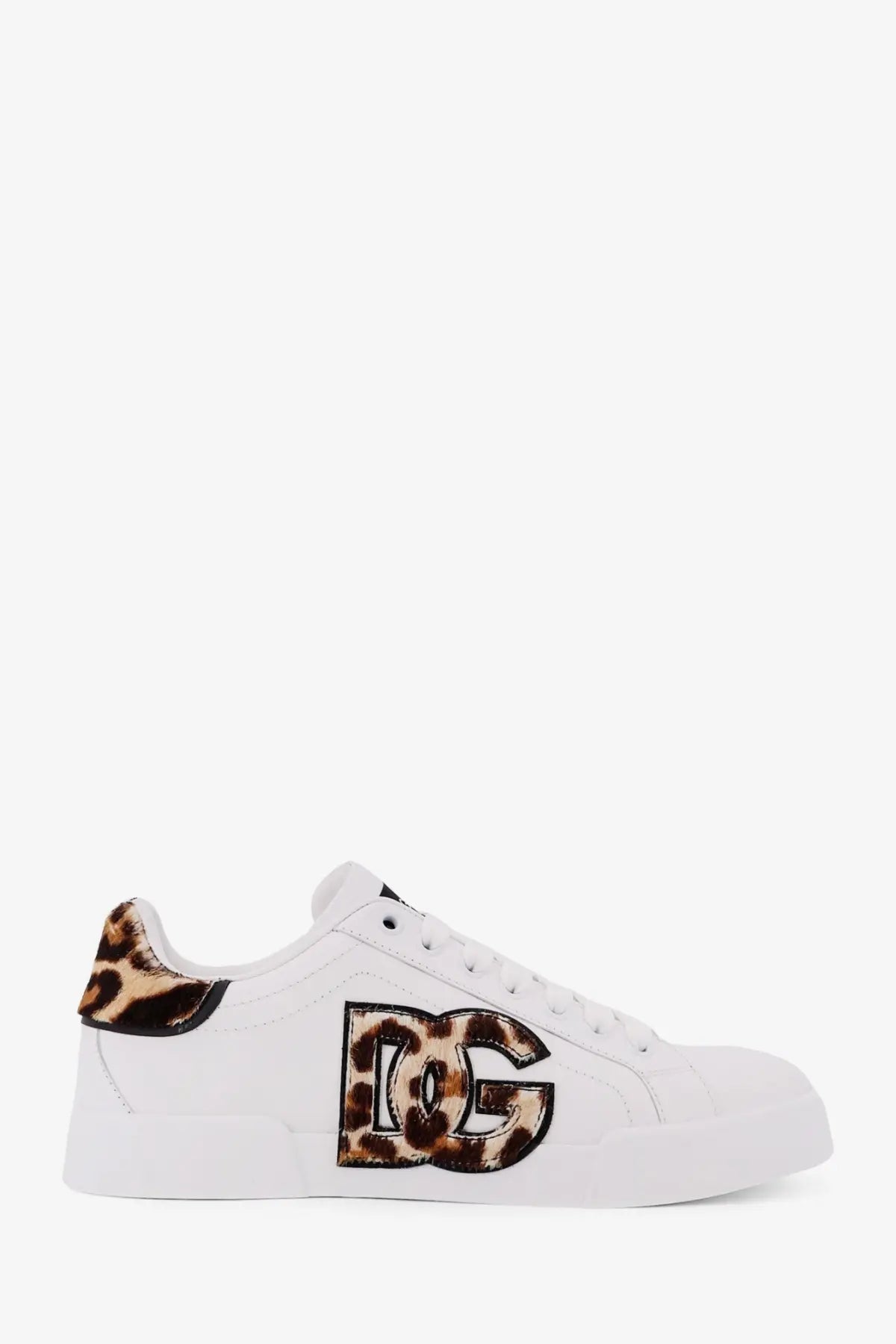 Dolce &amp; Gabbana women’s white leather Portofino sneakers with bold leopard-print dg logo and matching heel tab