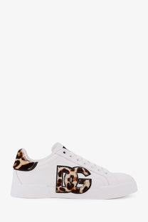 Dolce &amp; Gabbana women’s white leather Portofino sneakers with bold leopard-print dg logo and matching heel tab