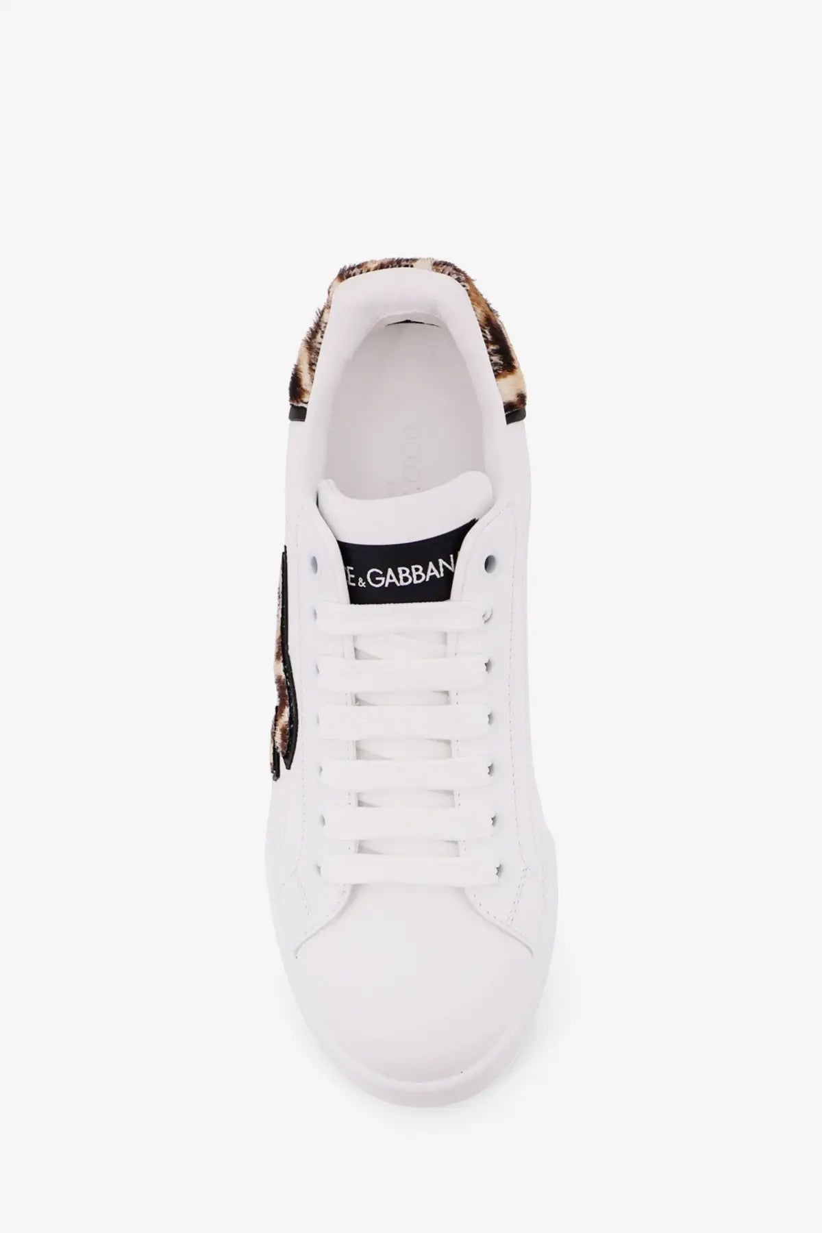 Dolce &amp; Gabbana women’s white leather sneakers with leopard print accents on collar and side in Portofino style