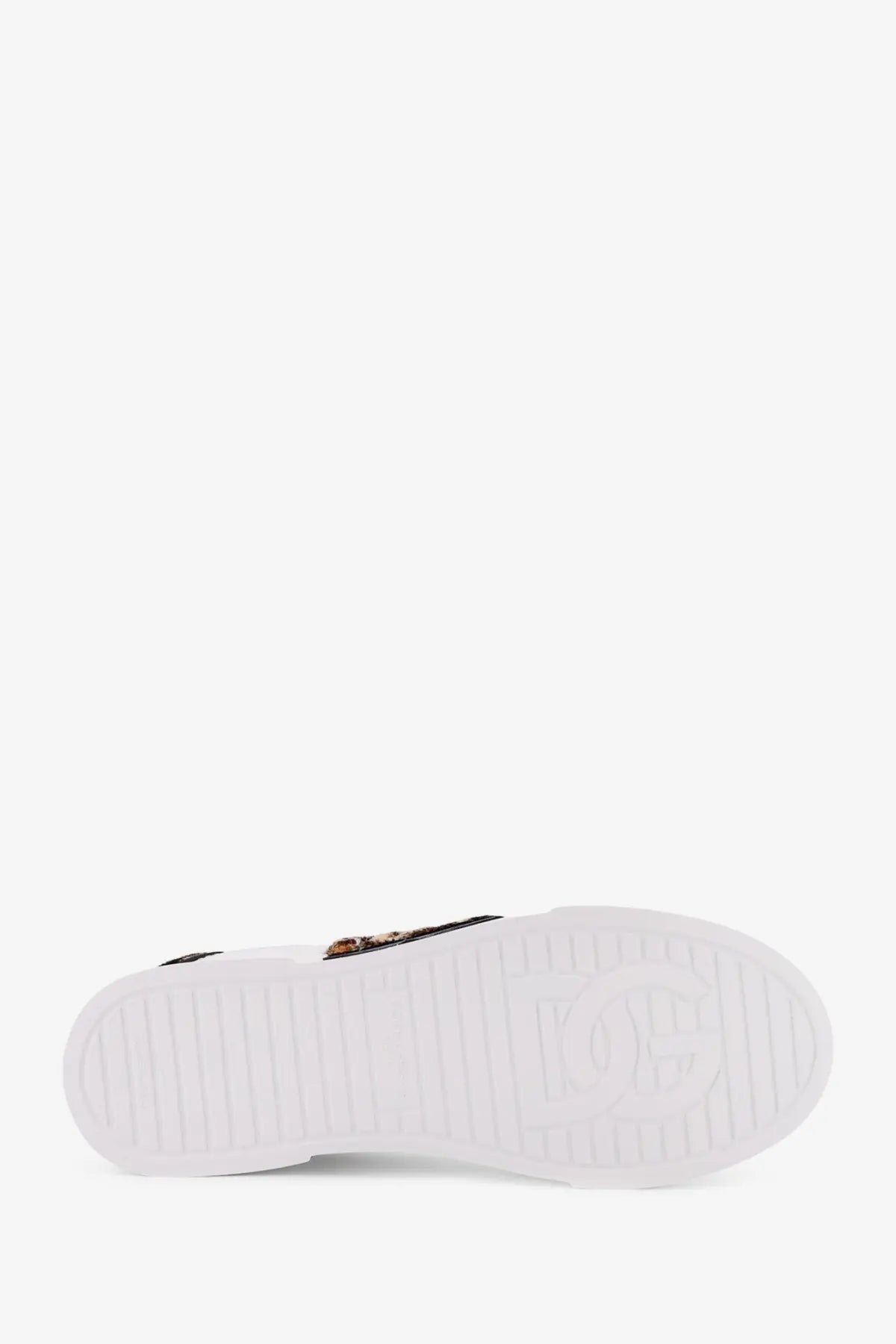 Dolce &amp; Gabbana women’s Portofino leather black sneakers with white rubber sole textured pattern and embossed logo