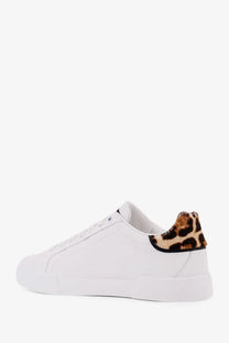 Dolce &amp; Gabbana women’s white low-top leather sneakers with leopard-print faux fur heel tab from back side