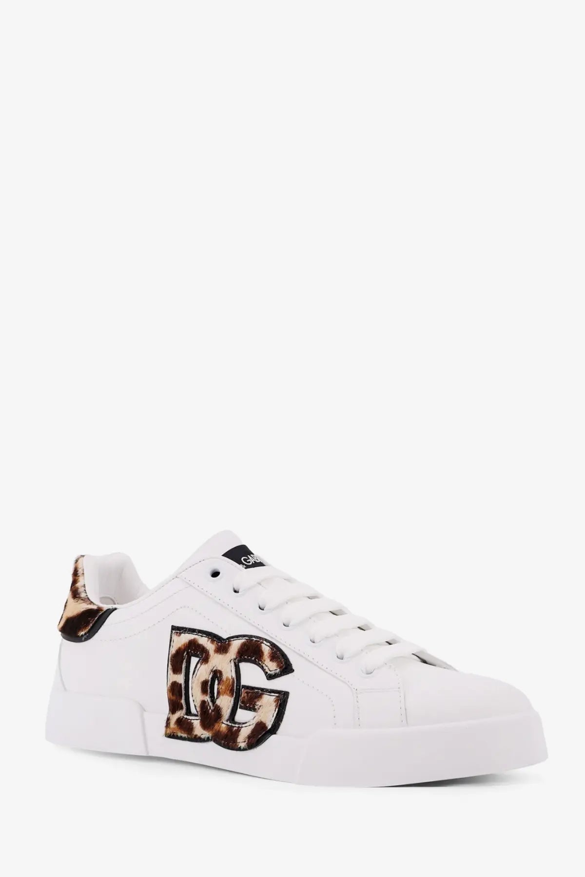 White dolce and gabbana low-top leather sneaker with bold leopard print dg logo and matching heel tab