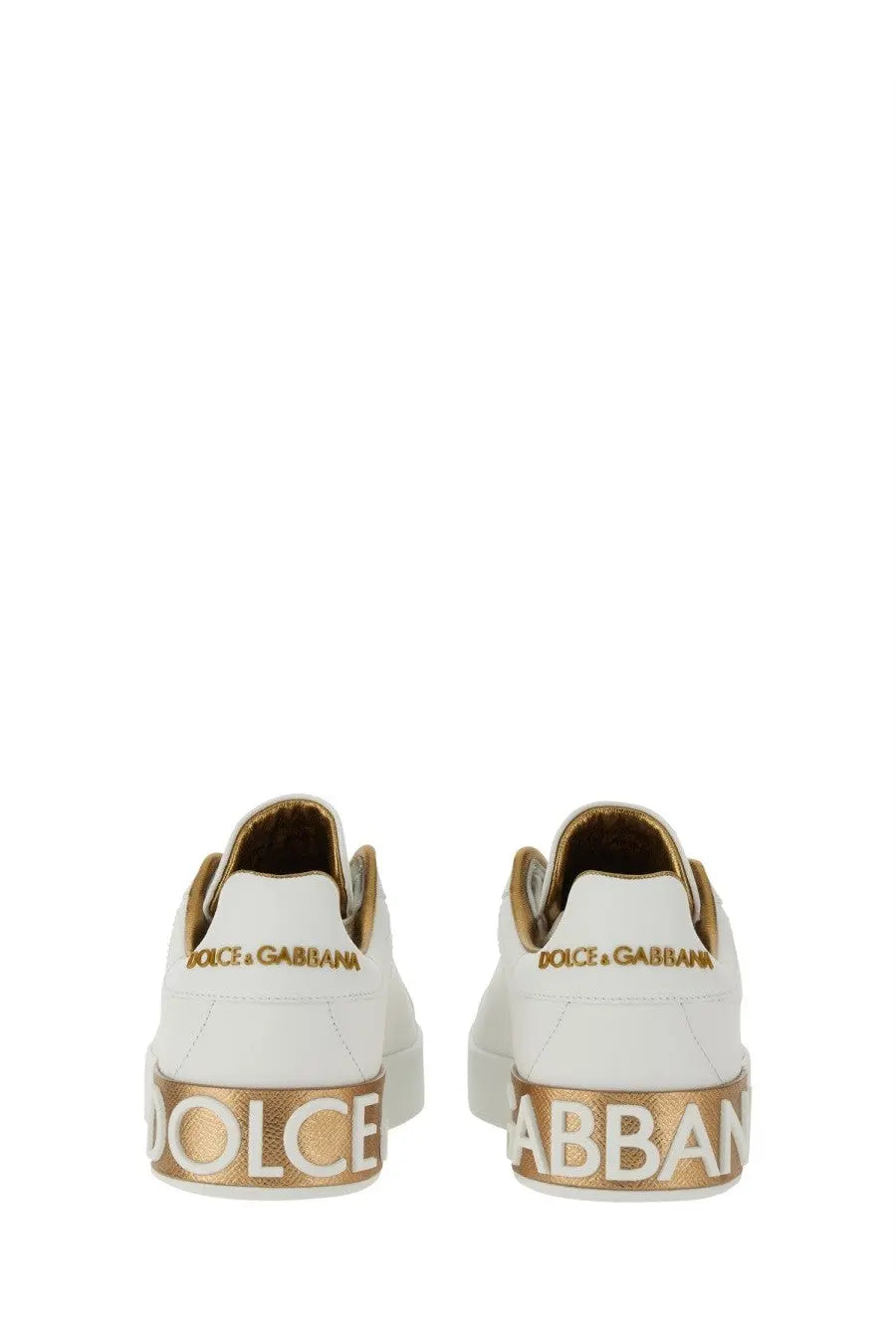 Dolce &amp; Gabbana women’s Portofino sneaker white leather with gold accents and bold lettering on the heel back side