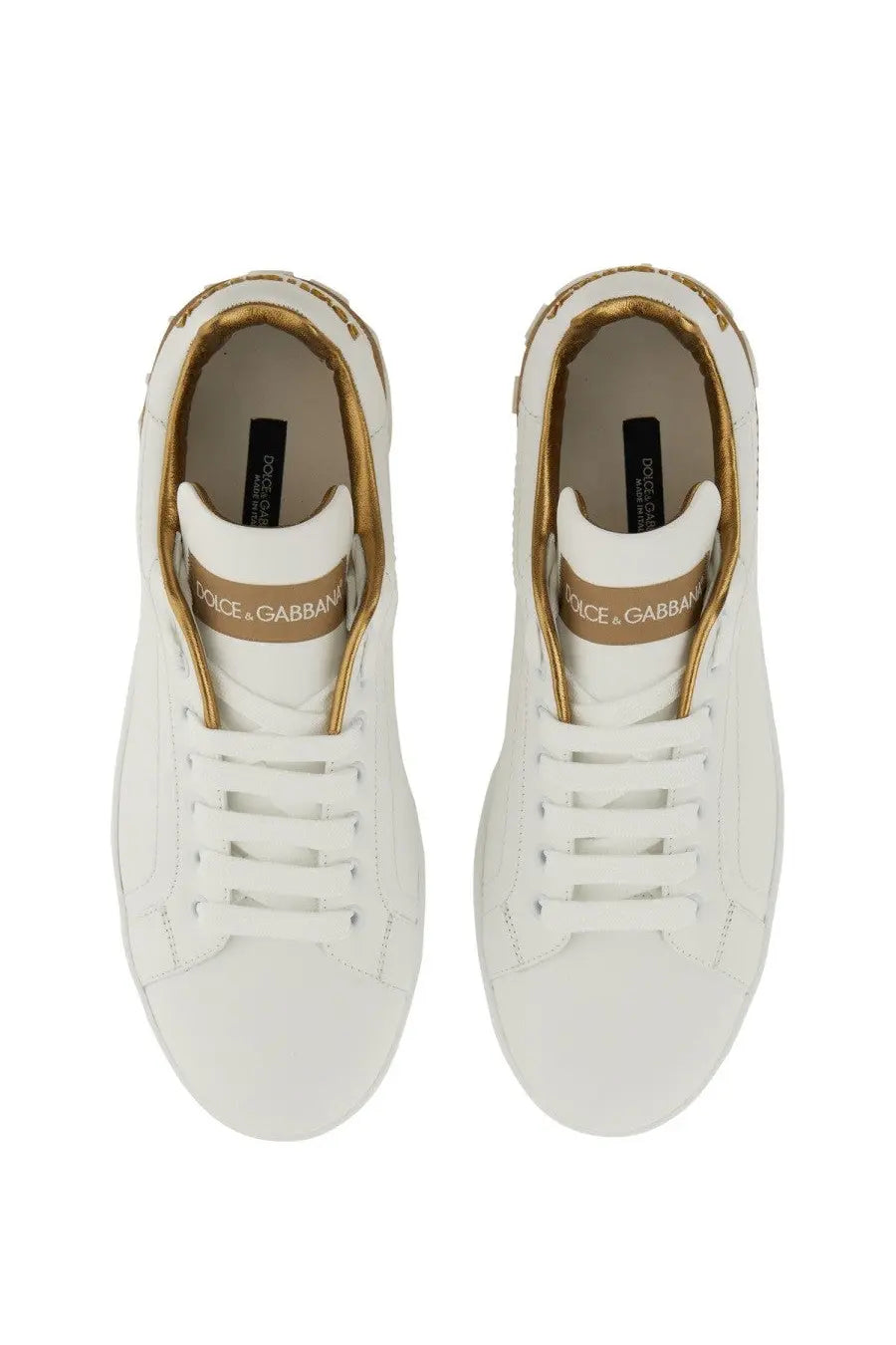 Dolce &amp; Gabbana women’s Portofino white leather sneakers with gold-tone accents and branding