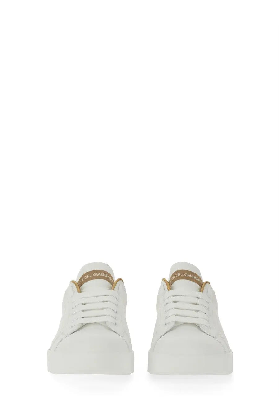 Dolce &amp; Gabbana women’s Portofino white leather sneakers with gold-tone branding on the heel tab back side view