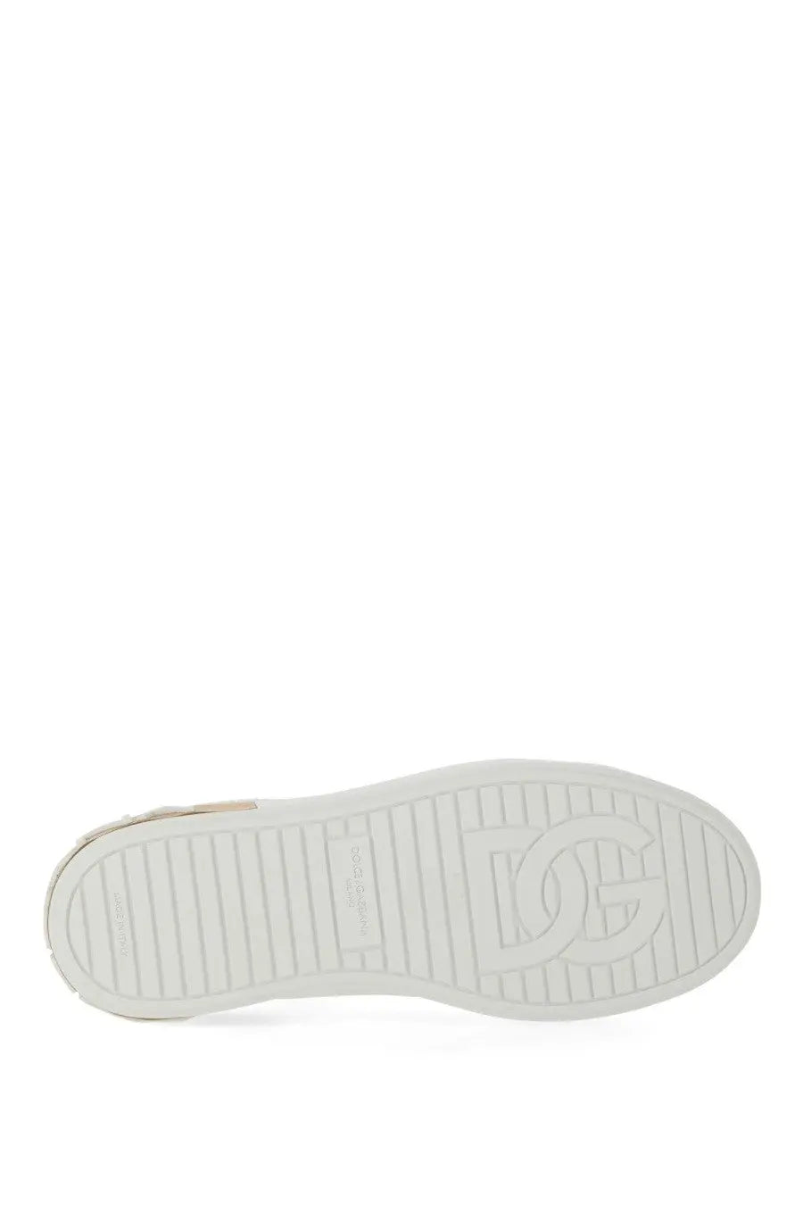 Dolce &amp; Gabbana women’s Portofino sneaker white with white rubber sole embossed d and g logo and textured grip pattern