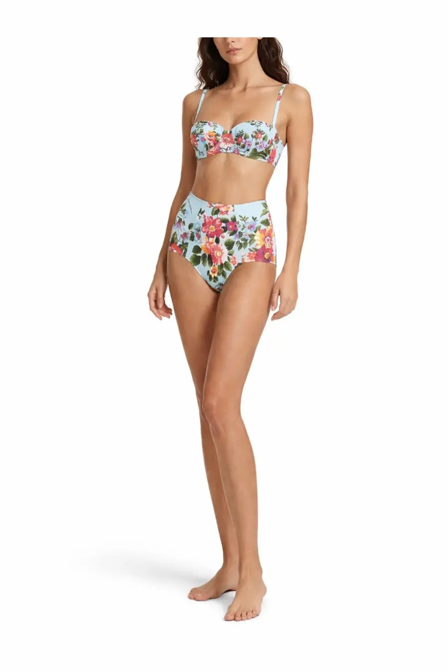Dolce &amp; Gabbana women’s printed swimsuit bikini set in light blue with vibrant pink orange and green floral print