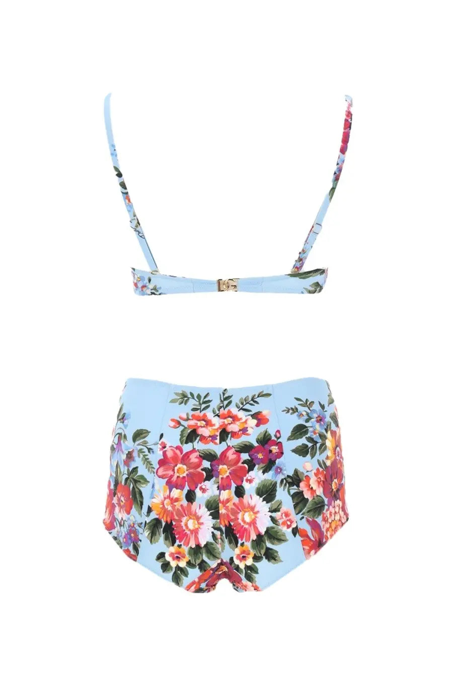 Dolce &amp; Gabbana women’s light blue floral print two-piece swimsuit with thin straps and gold-tone buckle detailing