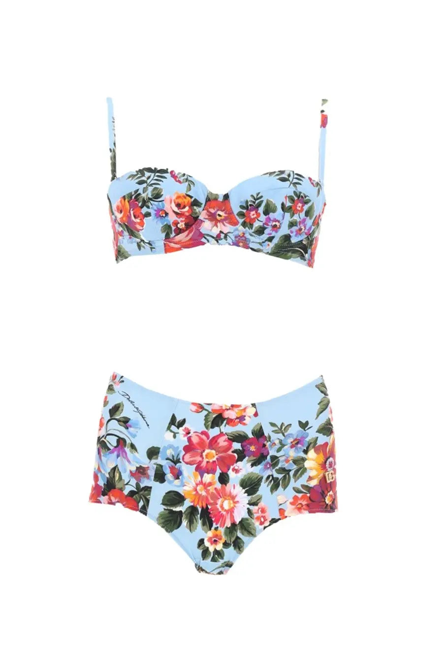 Dolce &amp; Gabbana women’s multicolor two-piece swimsuit set in light blue with vibrant floral print on soft fabric