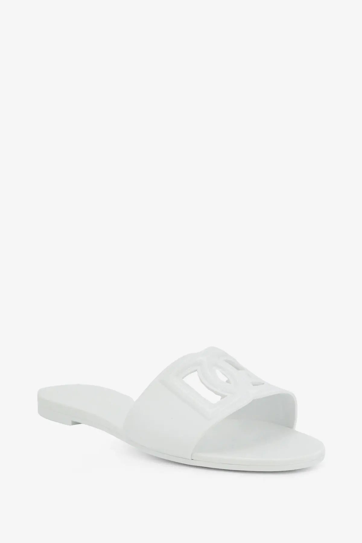 Dolce &amp; Gabbana women’s white pvc slip-on sandal with minimalist design and embossed logo on the strap