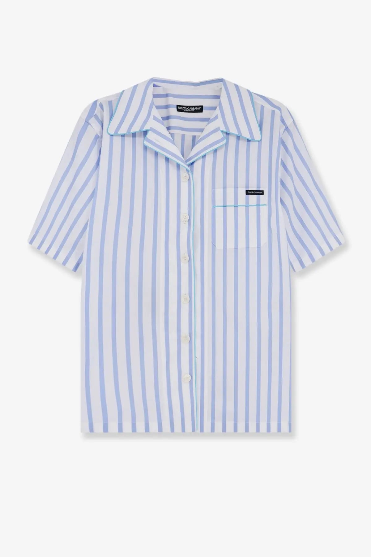 Dolce &amp; Gabbana women’s pyjamas cotton and silk shirt with light blue and white vertical stripes and short sleeves