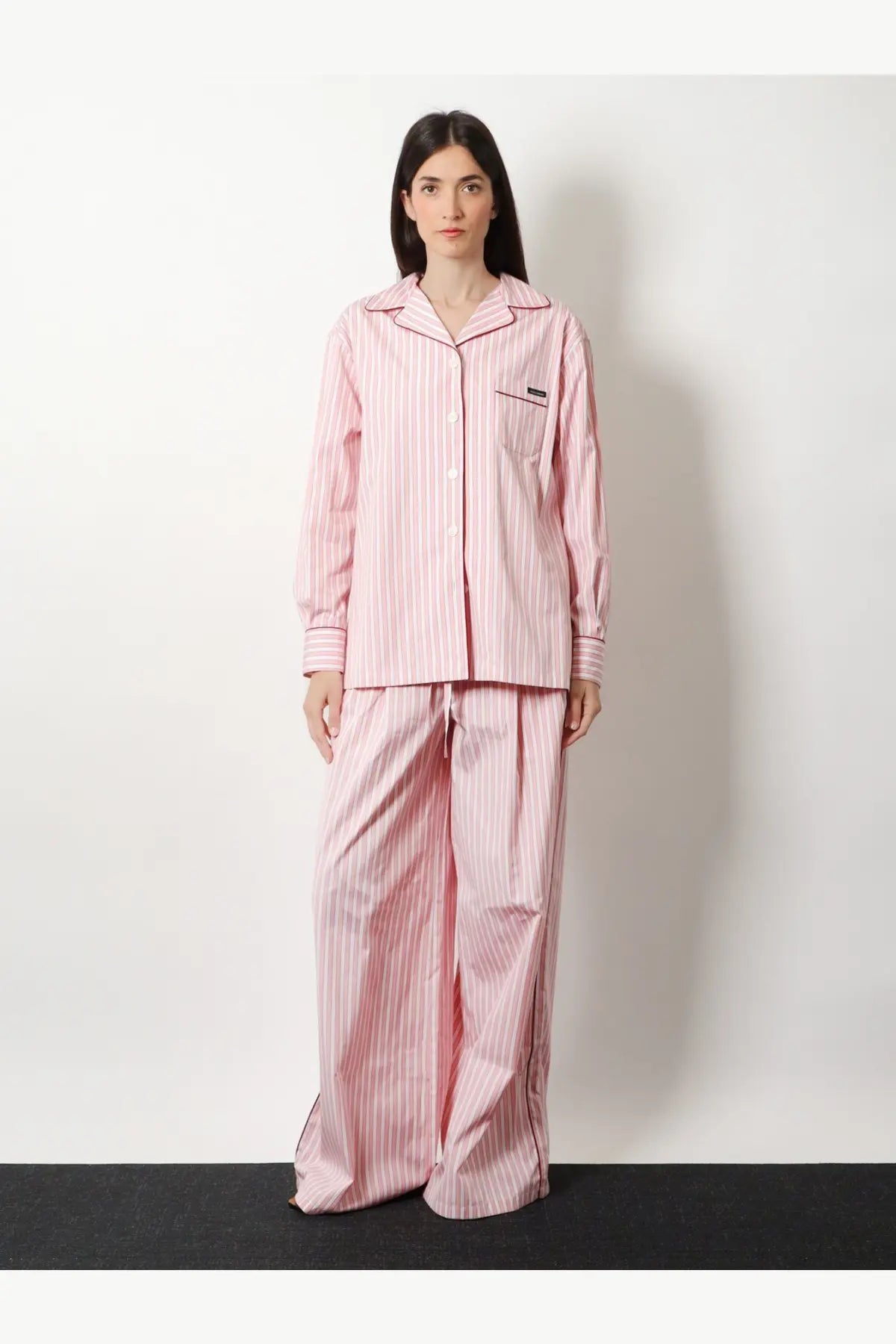 Dolce and gabbana women’s pink and white striped cotton and silk pajama set with button-up shirt and wide-leg trousers