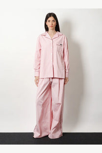 Dolce and gabbana women’s pink and white striped cotton and silk pajama set with button-up shirt and wide-leg trousers