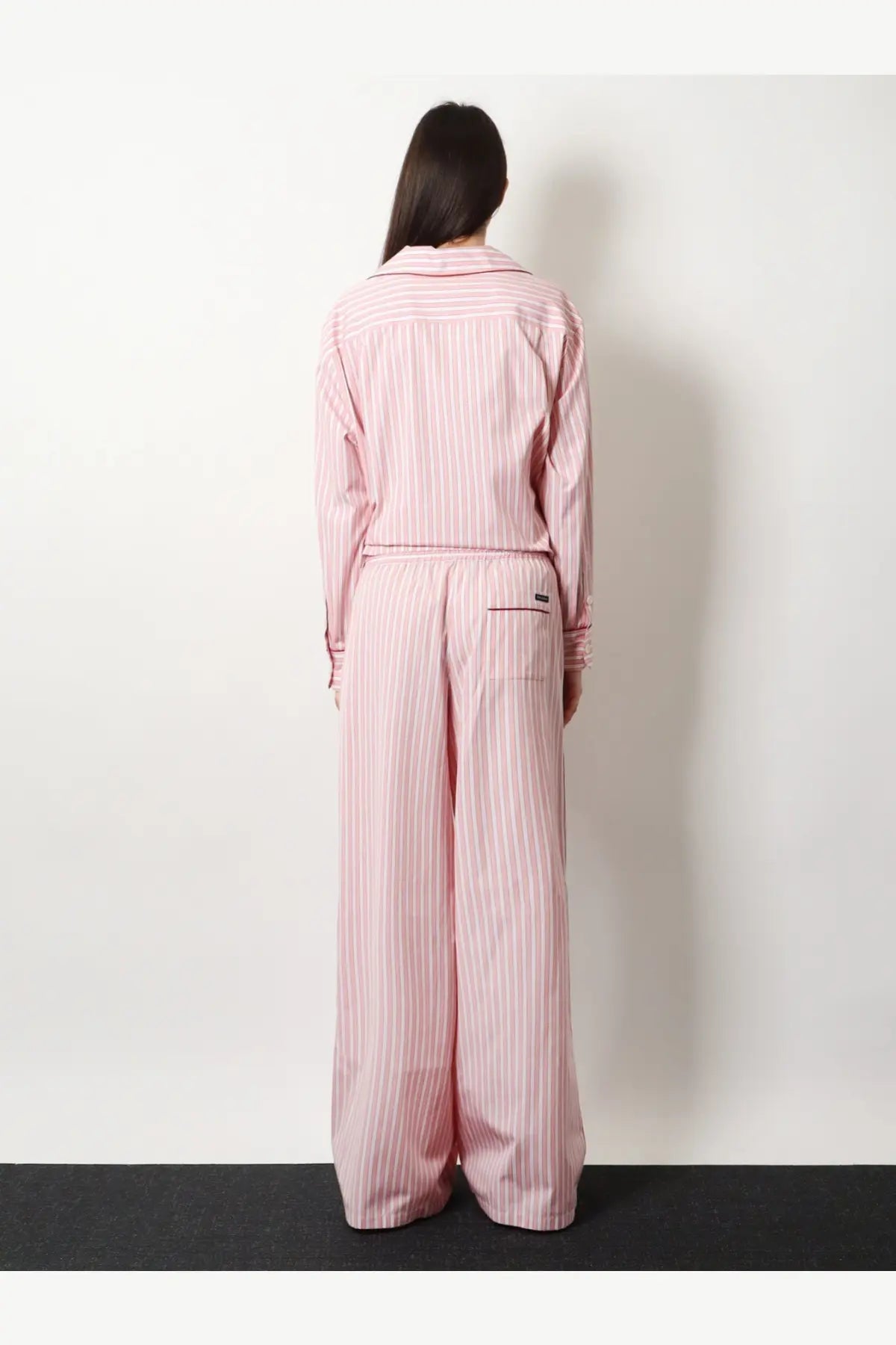 Dolce and gabbana women’s pink and white striped cotton and silk pajama set with button-up shirt and wide-leg pants