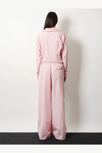 Dolce and gabbana women’s pink and white striped cotton and silk pajama set with button-up shirt and wide-leg pants