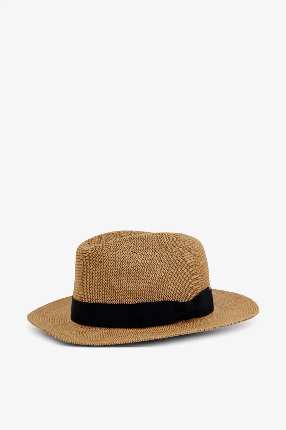 Tan woven straw fedora hat with black ribbon band by Dolce and Gabbana for women in beige raffia material