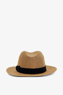Beige woven straw fedora hat with black ribbon band by Dolce &amp; Gabbana for women made of raffia material