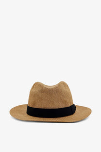 Beige woven raffia fedora hat with black satin band by Dolce and Gabbana for women