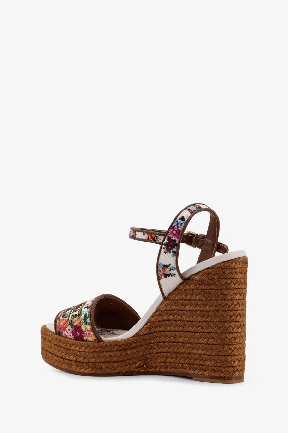Dolce &amp; Gabbana women’s raffia sandals brown woven espadrille wedge with floral fabric straps and white insole