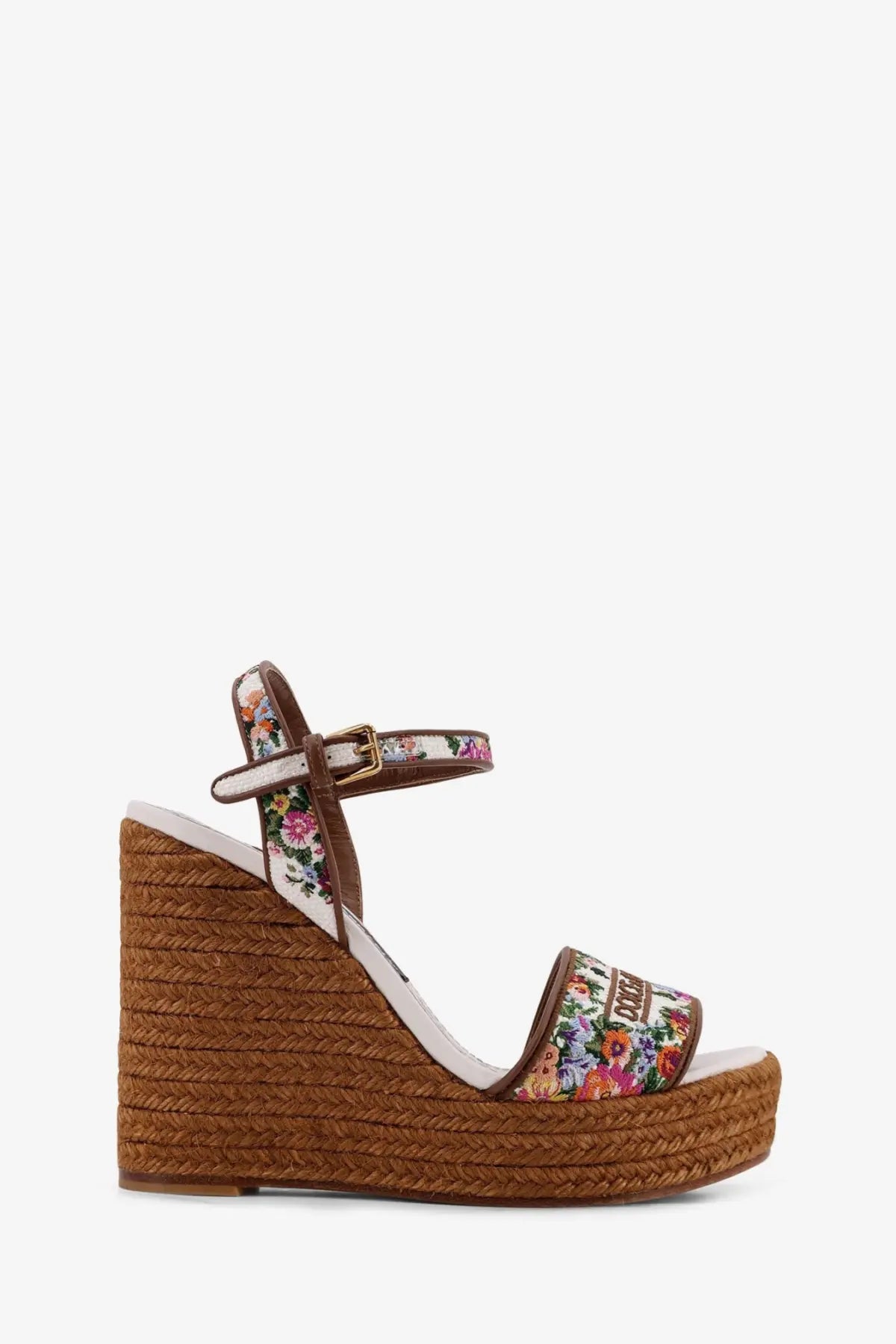Dolce &amp; Gabbana women’s white raffia espadrille wedge sandal with floral pattern woven sole and tan leather straps