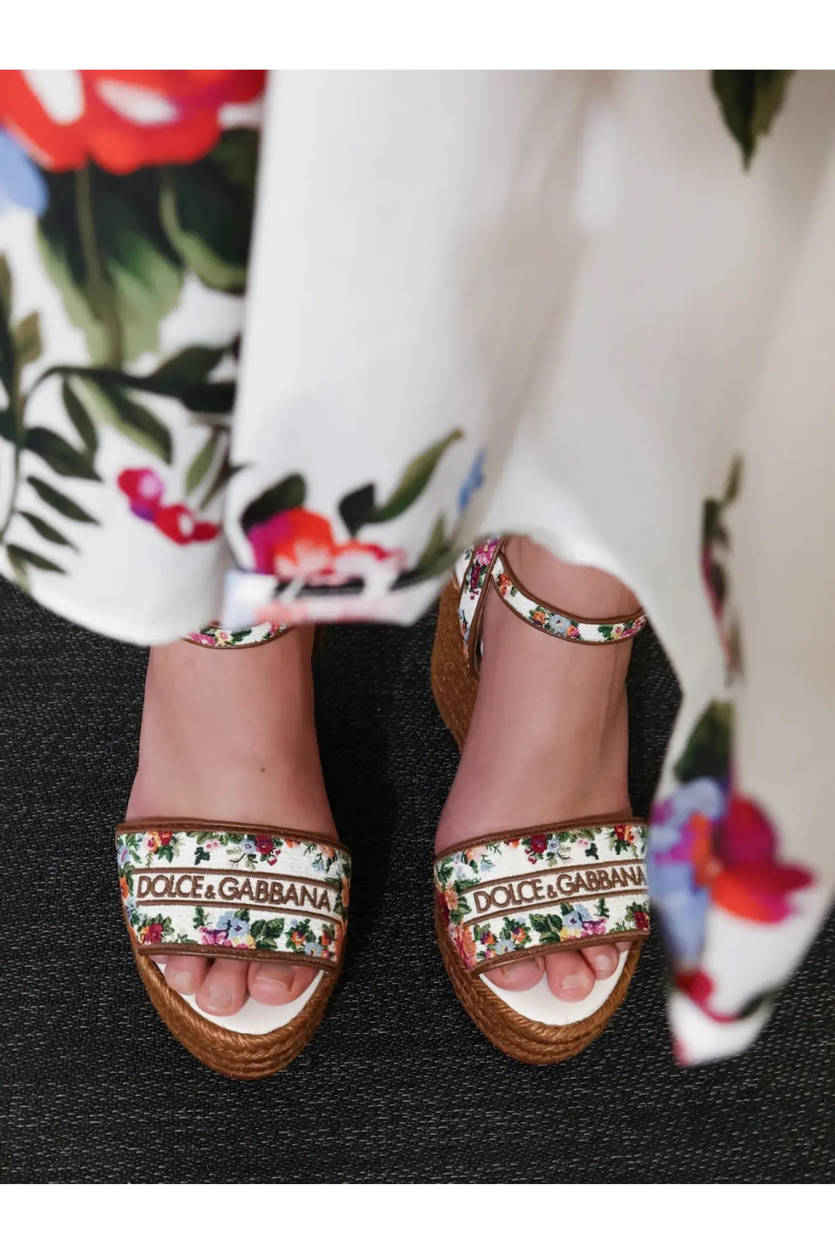 Dolce &amp; Gabbana women’s raffia sandals white with floral-print espadrille wedge, woven jute soles, and brown leather straps