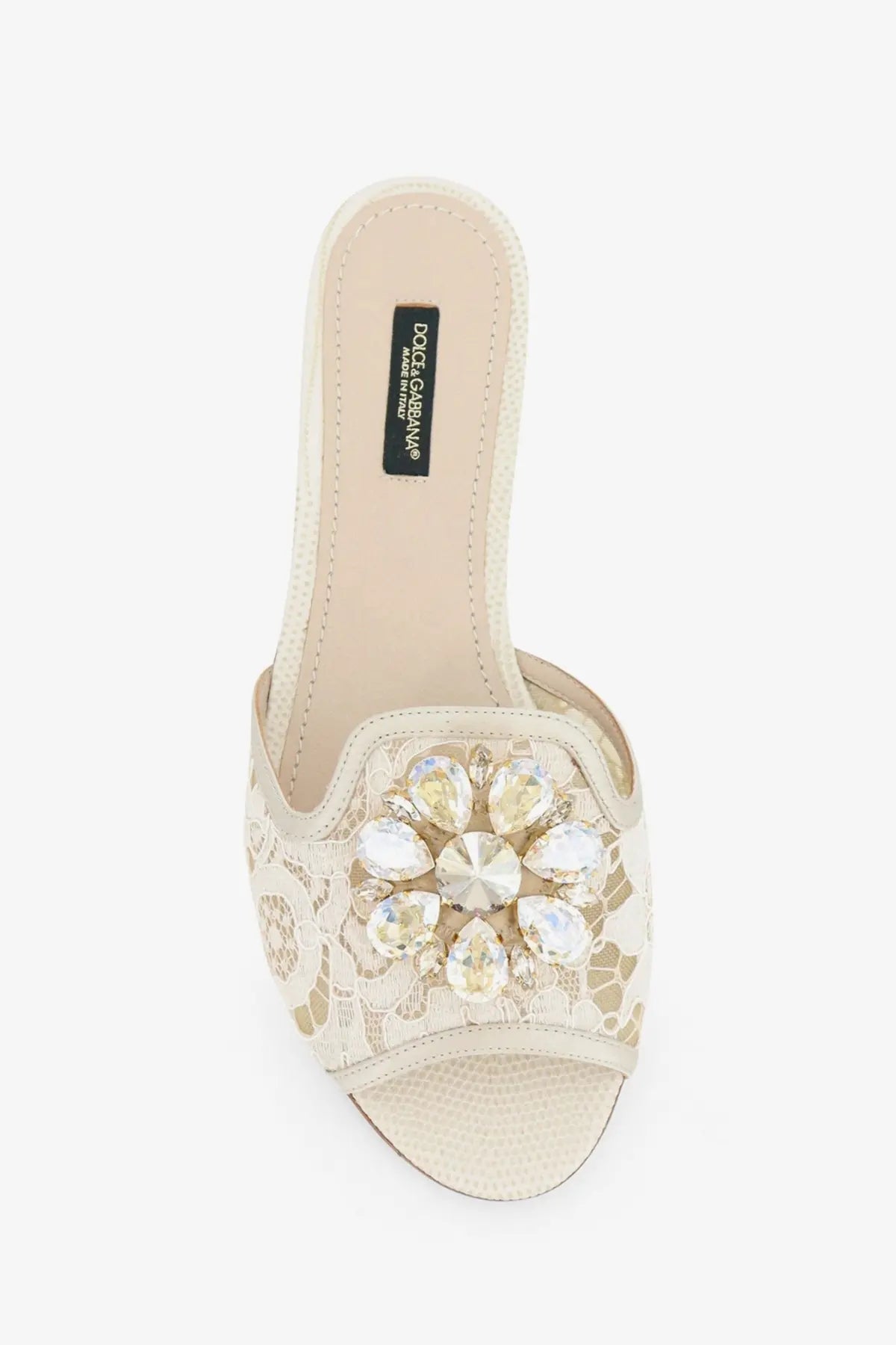 Beige lace slide sandal with clear and pale yellow teardrop crystals from dolce and gabbana rainbow lurex collection