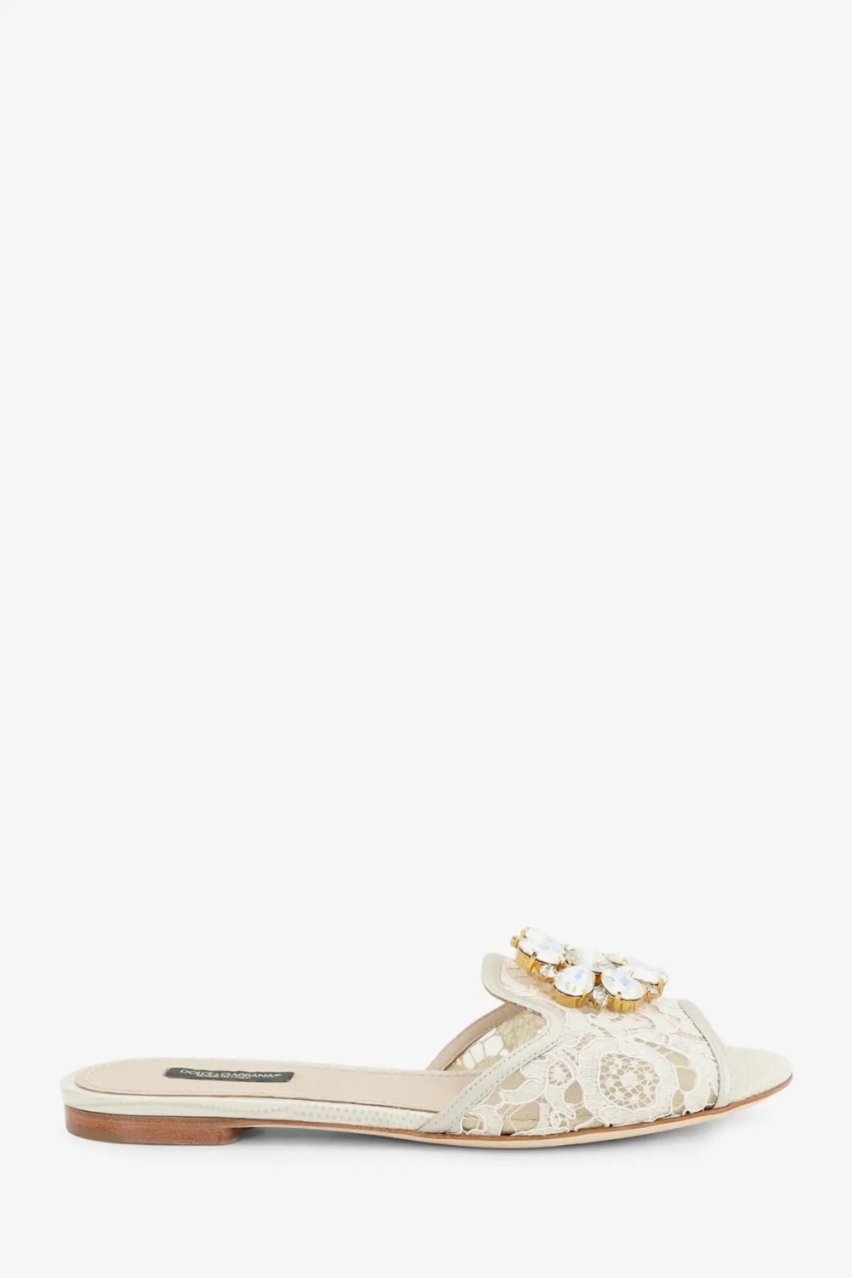 Cream-colored lace slide sandal with floral crystal embellishment by Dolce &amp; Gabbana women’s rainbow lurex lace sandals Ghiaccio