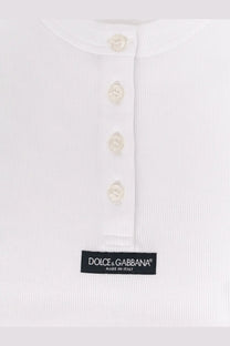 Dolce &amp; Gabbana women’s white ribbed cotton henley top with cream buttons and branded label