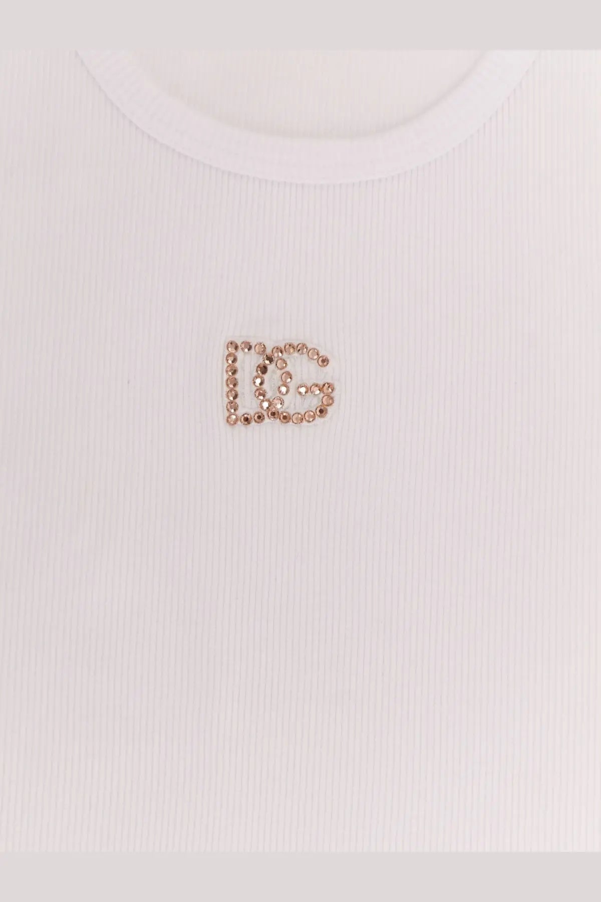 Dolce &amp; Gabbana women’s white ribbed cotton top with a rose gold rhinestone embellished DG logo at the center