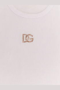 Dolce &amp; Gabbana women’s white ribbed cotton top with a rose gold rhinestone embellished DG logo at the center