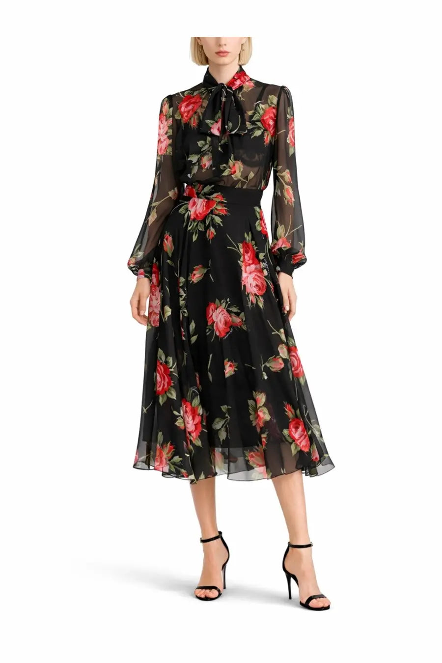 Dolce &amp; Gabbana women’s black floral midi dress with sheer long sleeves and tied collar rose bouquet print top