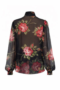 Dolce &amp; Gabbana women’s black sheer blouse with vibrant red rose floral pattern and elegant high neck design