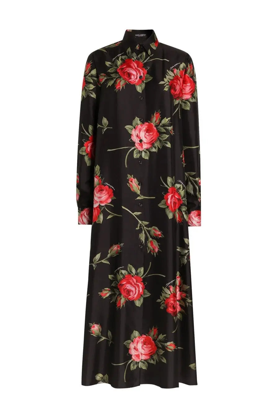 Black dolce and gabbana women’s long twill dress with vibrant red rose bouquet print and green leaves and stems