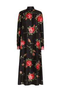 Black dolce and gabbana women’s long twill dress with vibrant red rose bouquet print and green leaves and stems