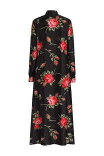Dolce &amp; Gabbana women’s black satin long dress with vibrant red rose floral pattern and green leaves and stems