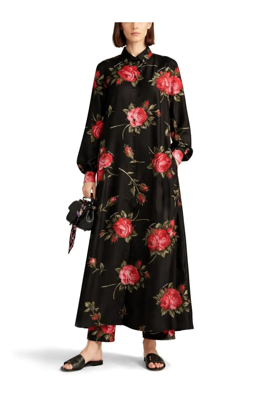 Dolce &amp; Gabbana women’s black satin long dress with vibrant red rose floral print and button-front design