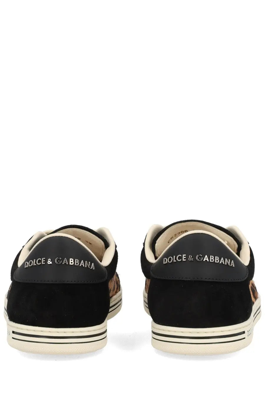 Dolce &amp; Gabbana women’s Saint Tropez sneaker in black suede with leopard print accents and white rubber soles