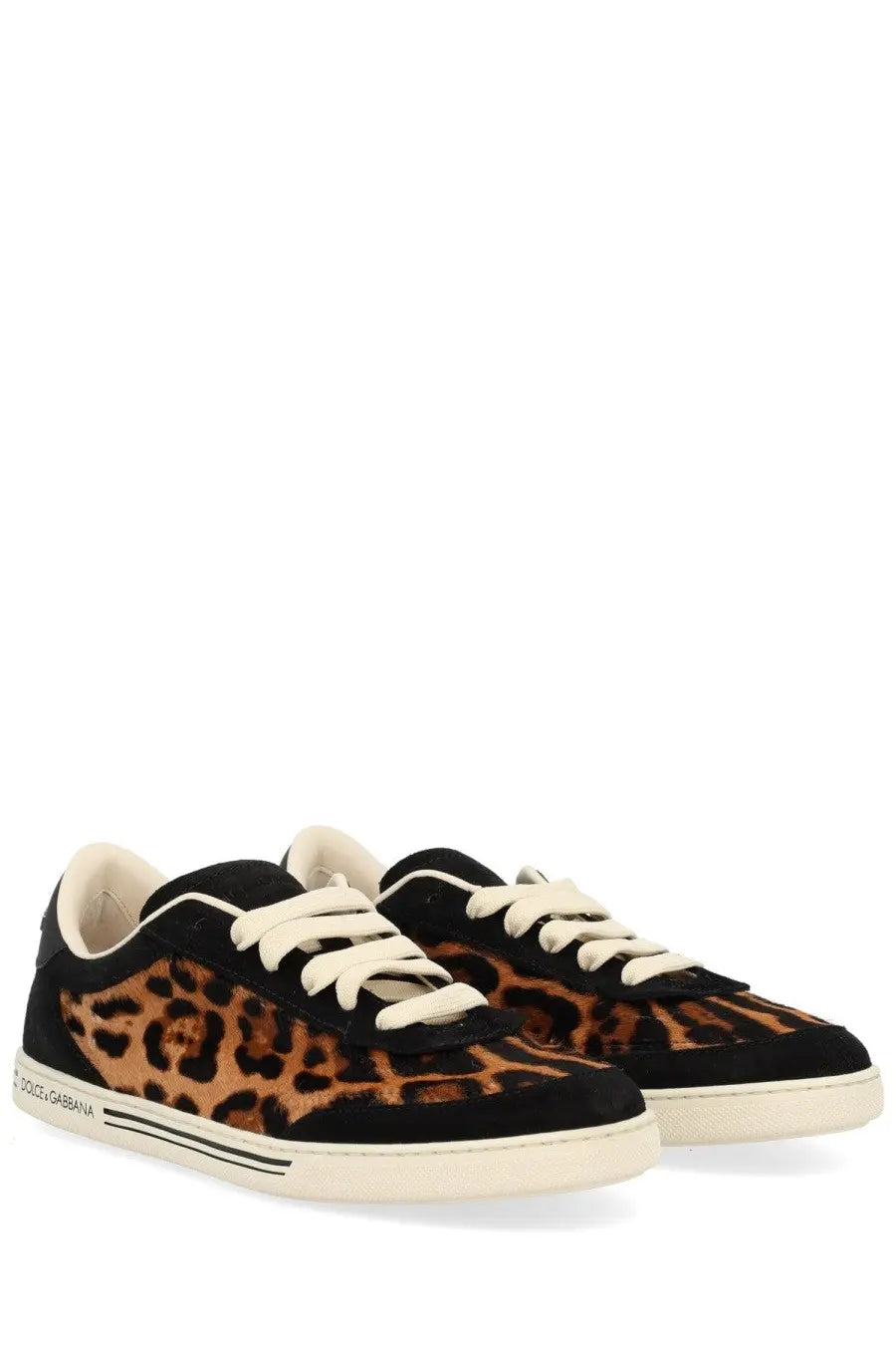 Dolce &amp; Gabbana women’s Saint Tropez sneaker with black and tan leopard-print suede cream laces and white rubber sole