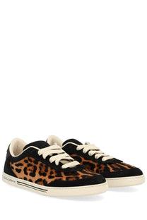 Dolce &amp; Gabbana women’s Saint Tropez sneaker with black and tan leopard-print suede cream laces and white rubber sole
