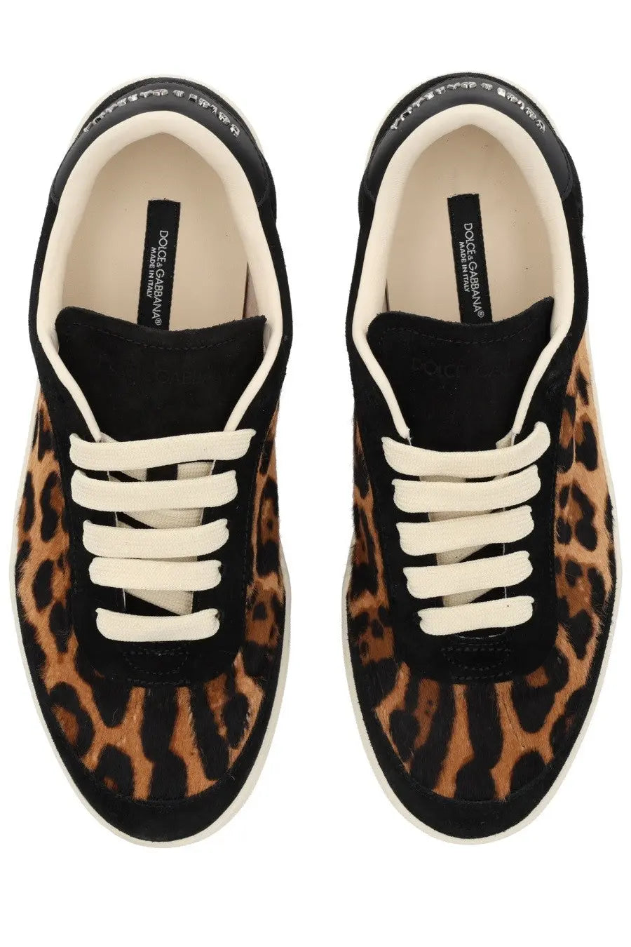 Dolce &amp; Gabbana women’s Saint Tropez sneaker in black and tan leopard-print suede with white laces and black sole