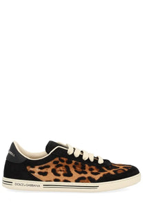 Dolce &amp; Gabbana women’s Saint Tropez black and tan leopard-print suede low-top sneaker back with white laces cream sole