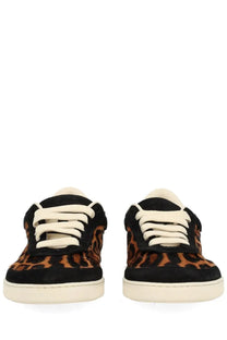 Dolce &amp; Gabbana women’s saint tropez sneaker in black and tan leopard-print suede with cream laces and soles