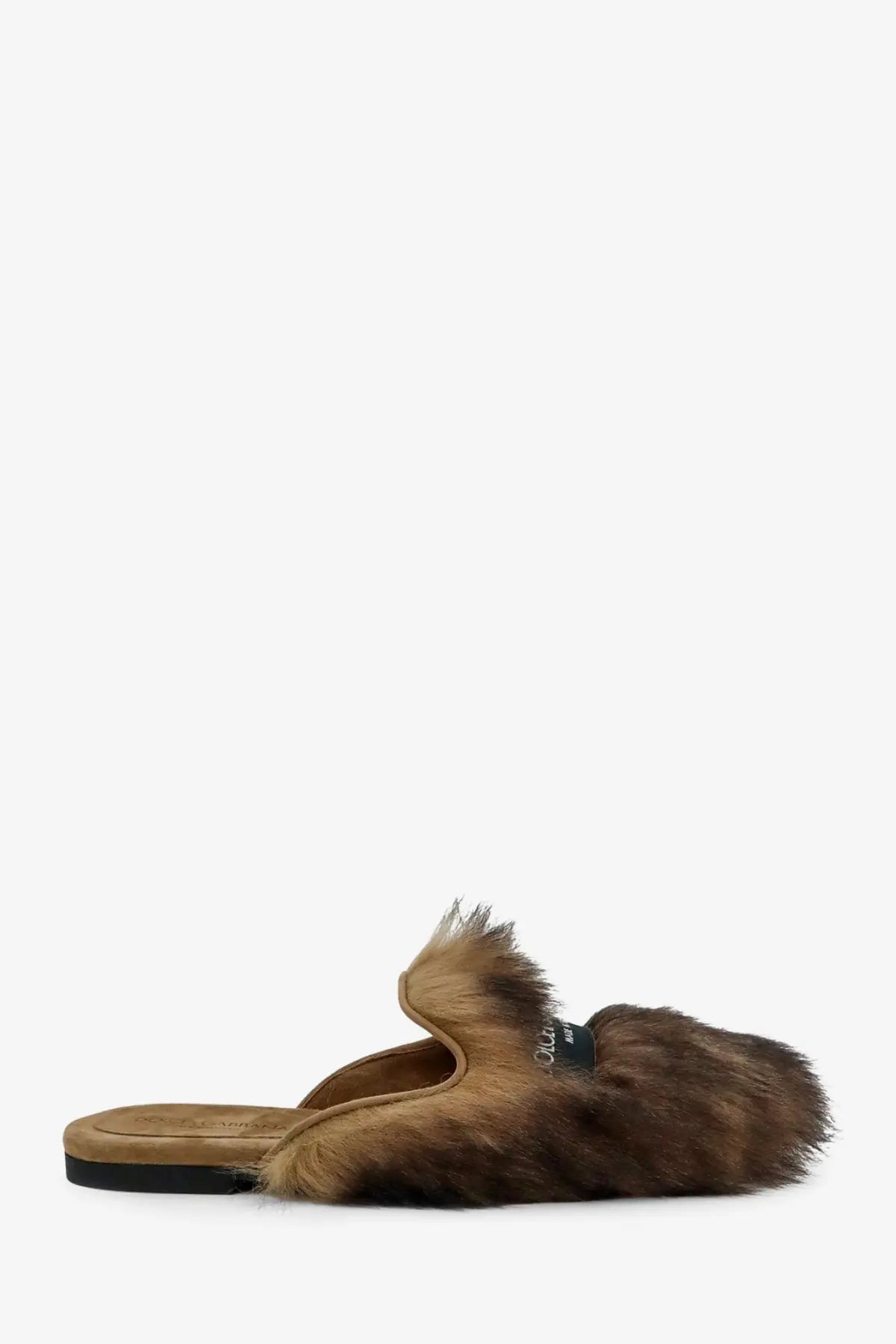 Dolce &amp; gabbana women’s brown faux fur mule slip-on sandal with suede insole and black rubber sole